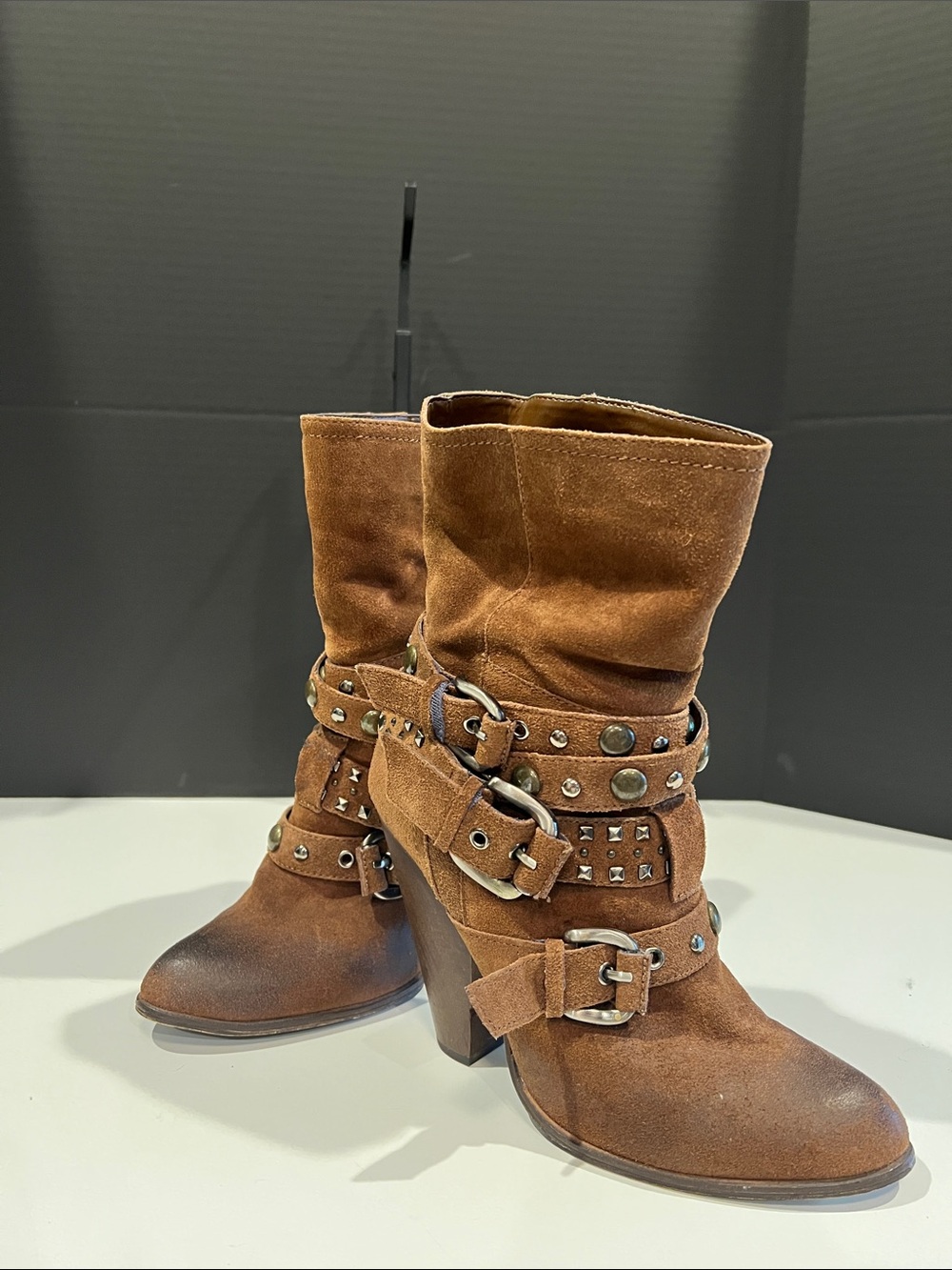 Steve Madden Distressed Brown Suede Studded Buckle Mid-Calf Heeled Boots